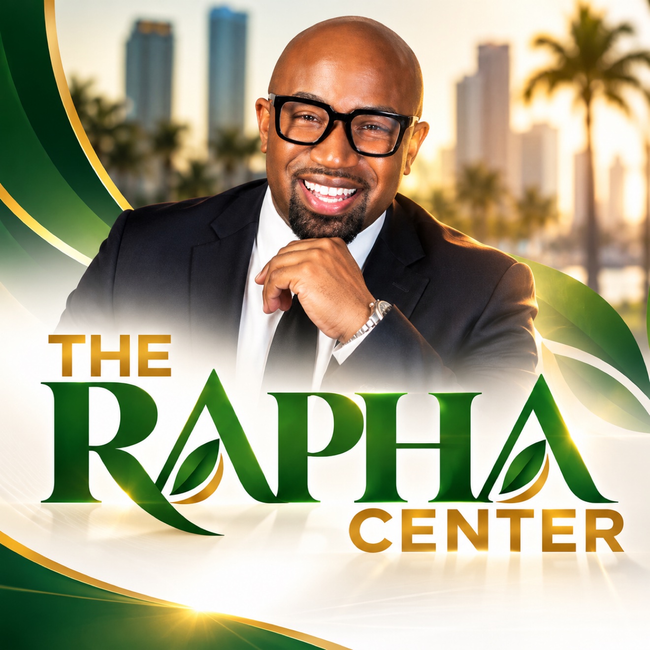 Justin Jones in a professional portrait with The Rapha Center branding and the Miami skyline