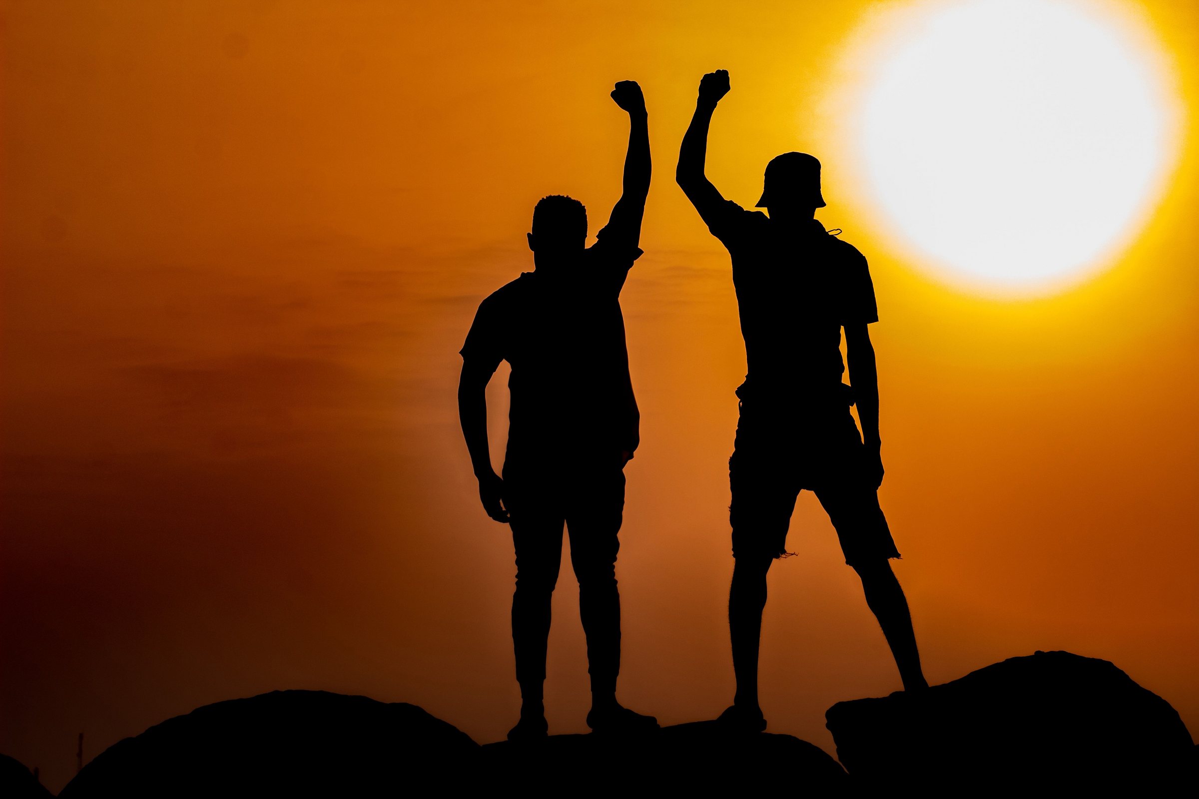 People raising their fists together at sunset